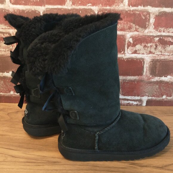 UGG Other - UGG Boots Girls Size 3, Bailey Bow, Black Fluffy And Warm Winter Shoes Black